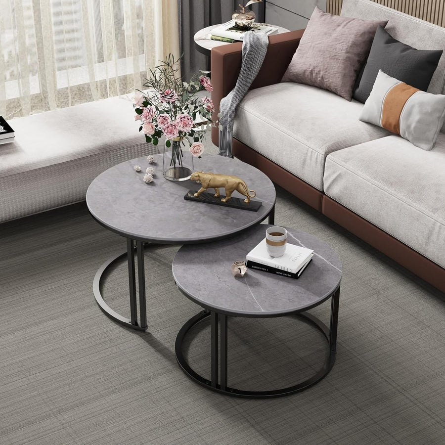 Space Saving Nesting Coffee Table Set 2 Round Marble Stone Metal Living Room