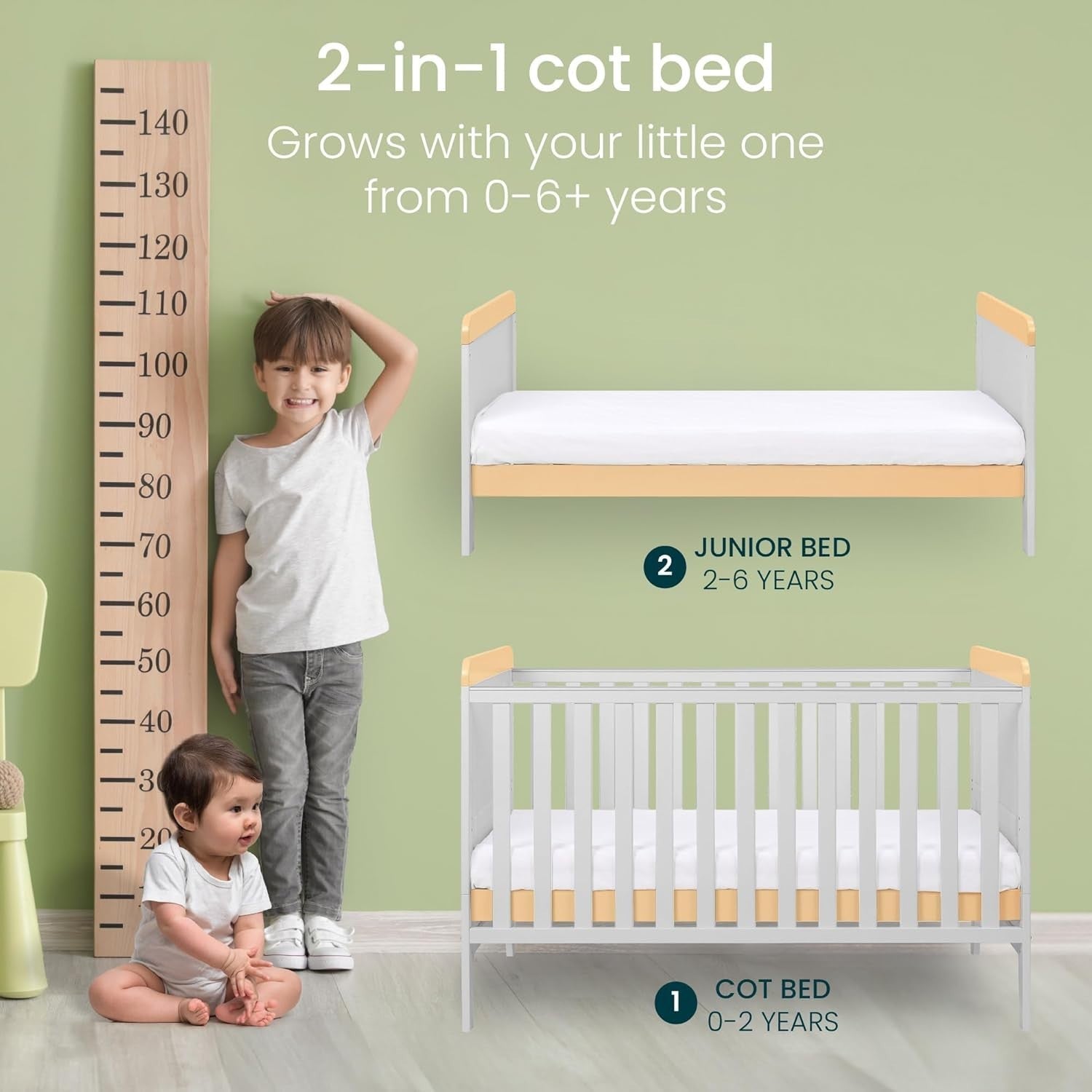 3in1 Mini Cot Bed with Drawer Toddler Sofa Adjustable Height Wooden Frame Dove