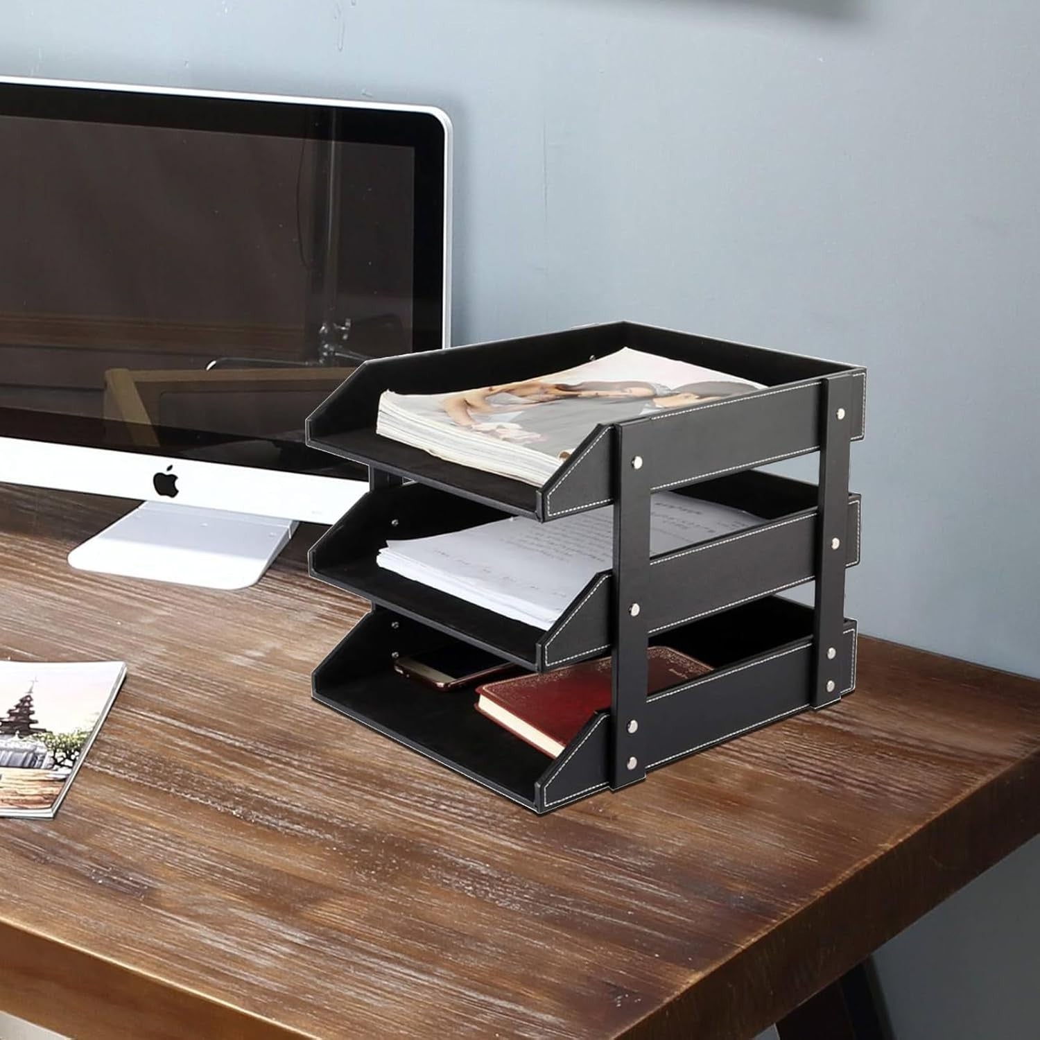 Stackable Leather Desk Organizer 3-Tier Letter Tray Office Storage Black
