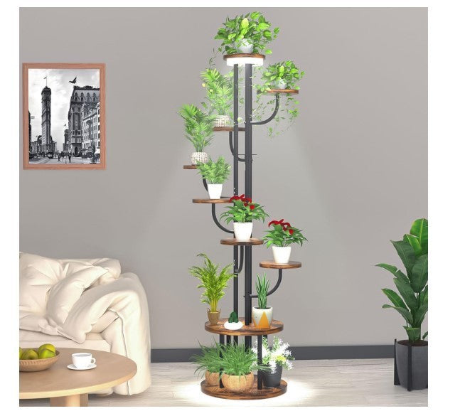 9 Tier Metal Plant Stand with Grow Light Indoor Tall Rotating Flower Shelf Rack