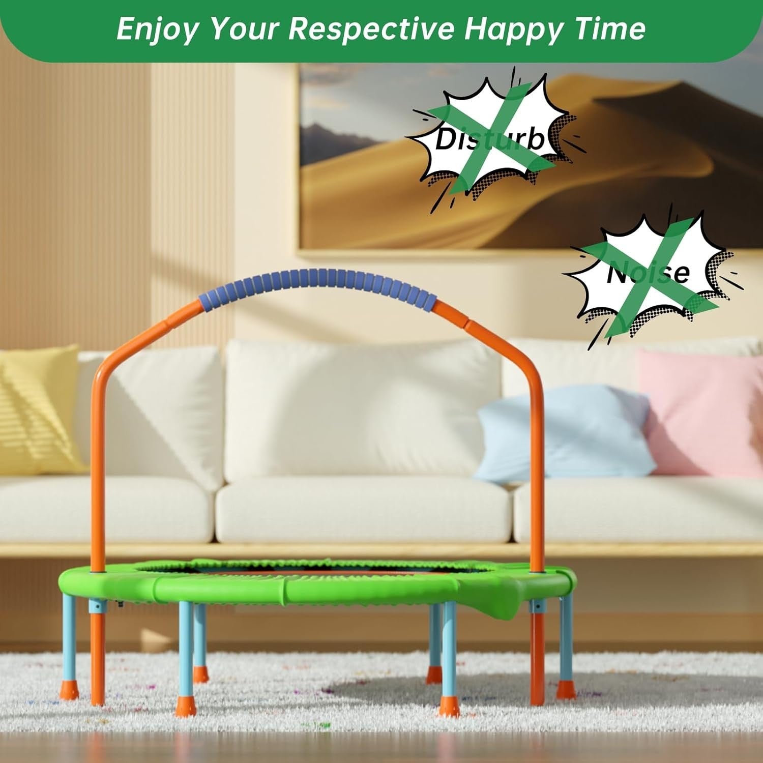 38in Foldable Fitness Trampoline Adjustable Handle Quiet Rebounder 220lb