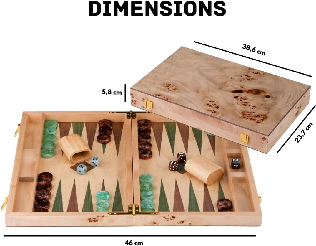 15 Inch Wooden Backgammon Set Luxury Burl Wood Case Classic Travel Board Game