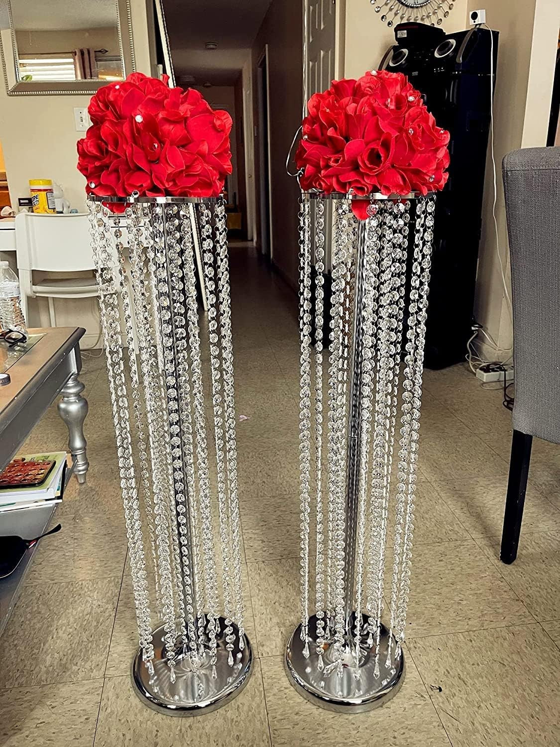 Silver Crystal Wedding Flower Stand Pair 90cm Tall Event Table Centrepiece