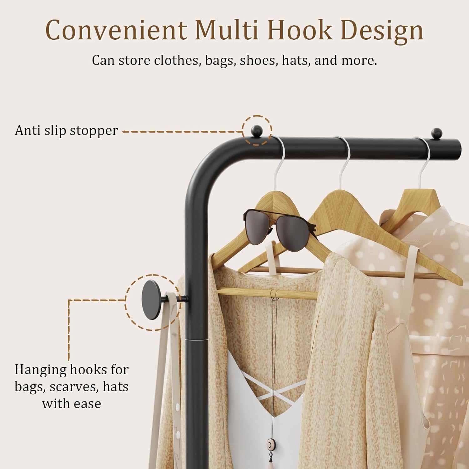 Tall Metal Coat Rack Stand 180cm Freestanding Clothes Rail with Hooks Black