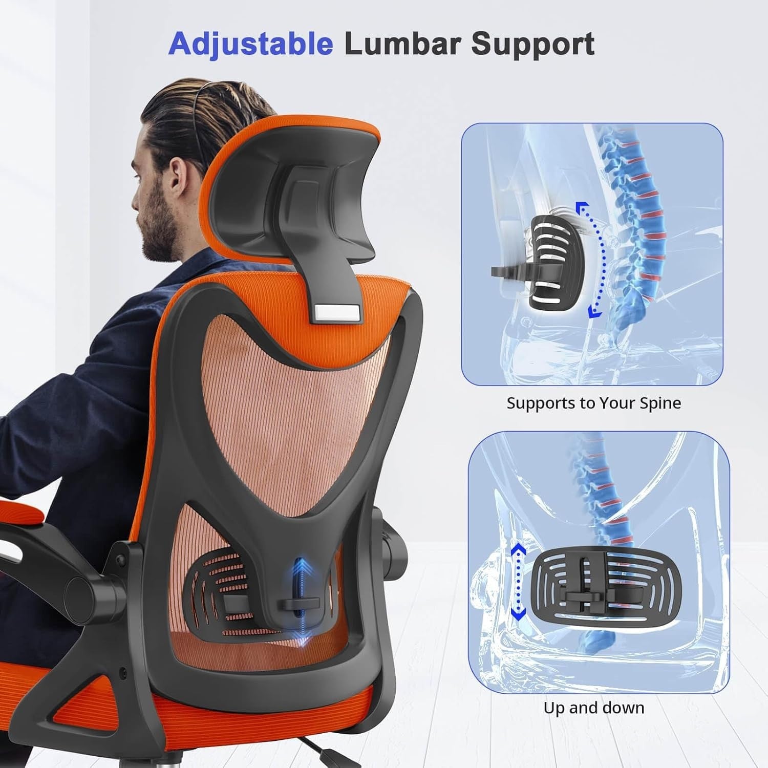 Ergonomic Office Chair High Back Mesh Flip Armrest Adjustable Lumbar Orange