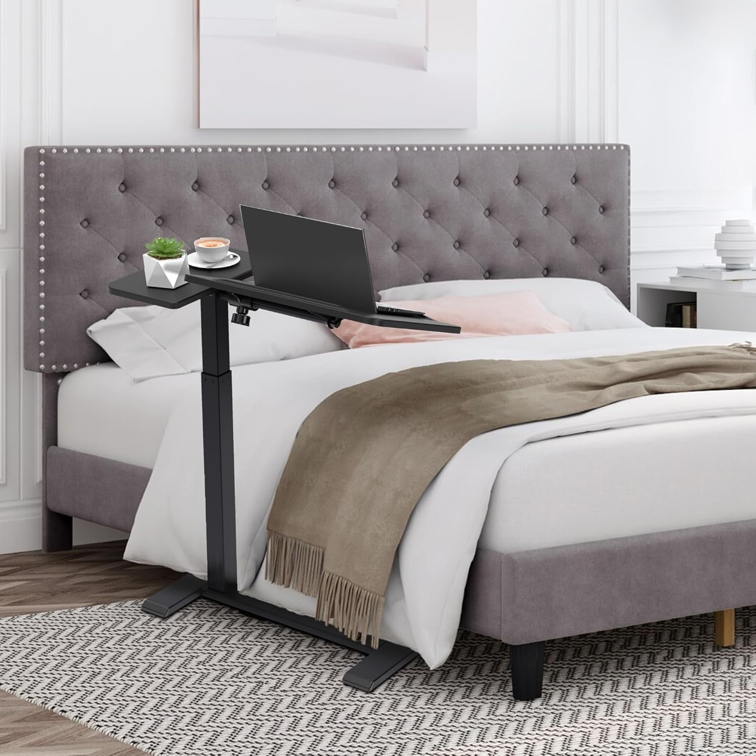 Black Overbed Laptop Table Adjustable Height Tilt Top Rolling Bedside Desk
