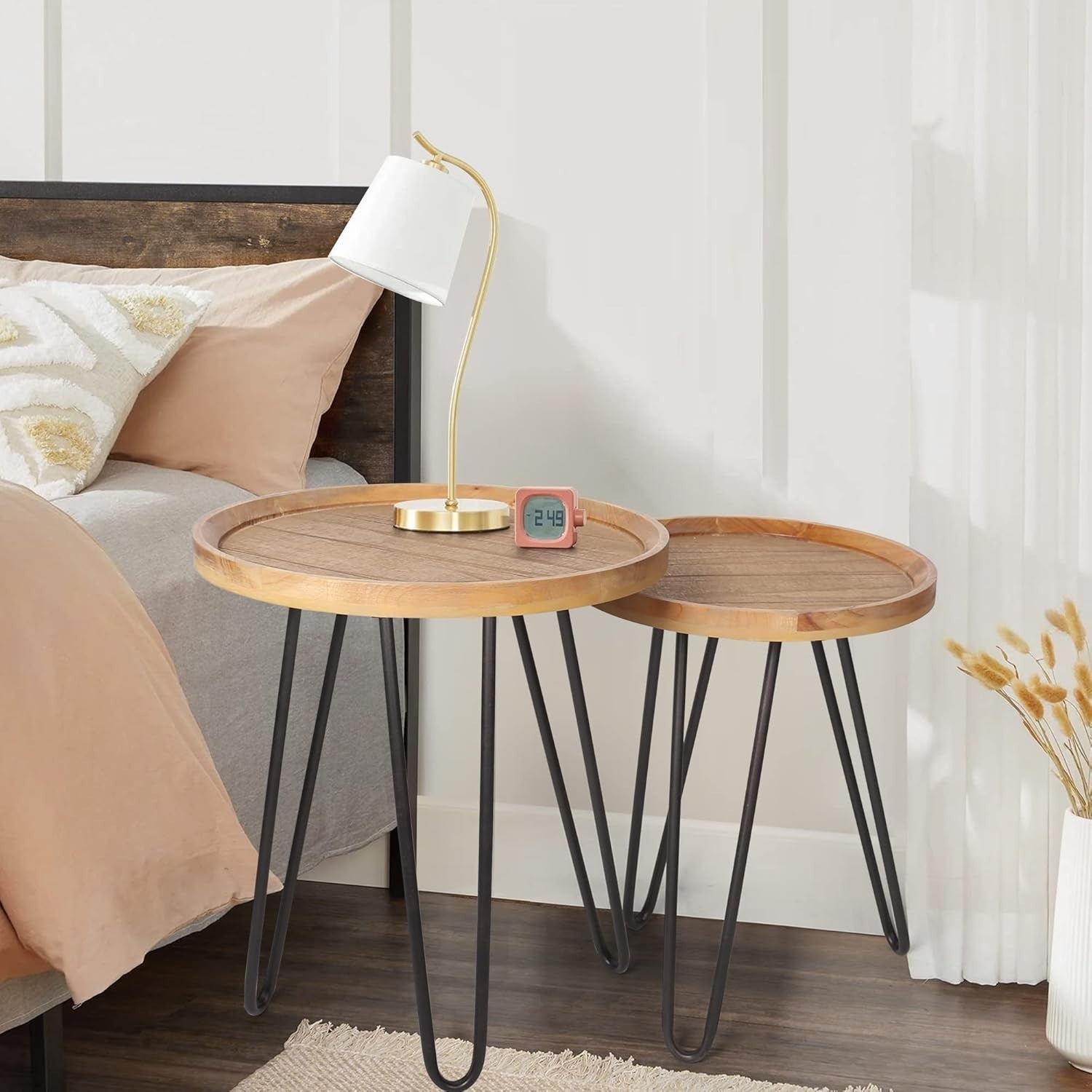 Round Wood Nesting Coffee Table Set of 2 End Side Tables Metal Frame Natural