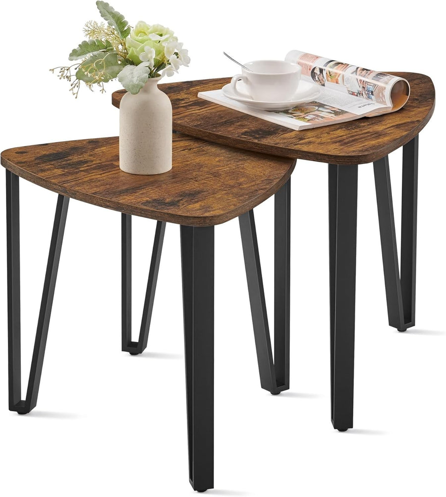 Set of 2 Nesting Triangle Side Tables Rustic Coffee End Table Wood/Steel Frame