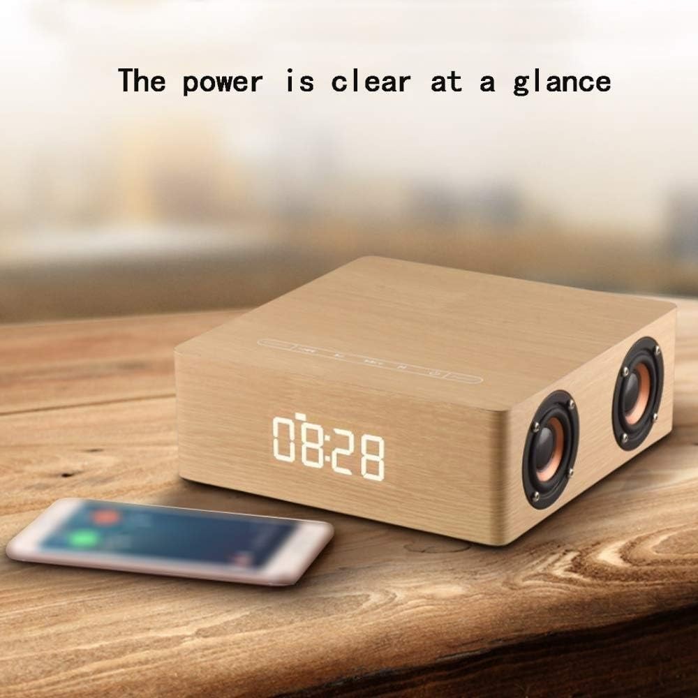 Wooden Bluetooth Alarm Clock Speaker LED Display Snooze Bedside Brown