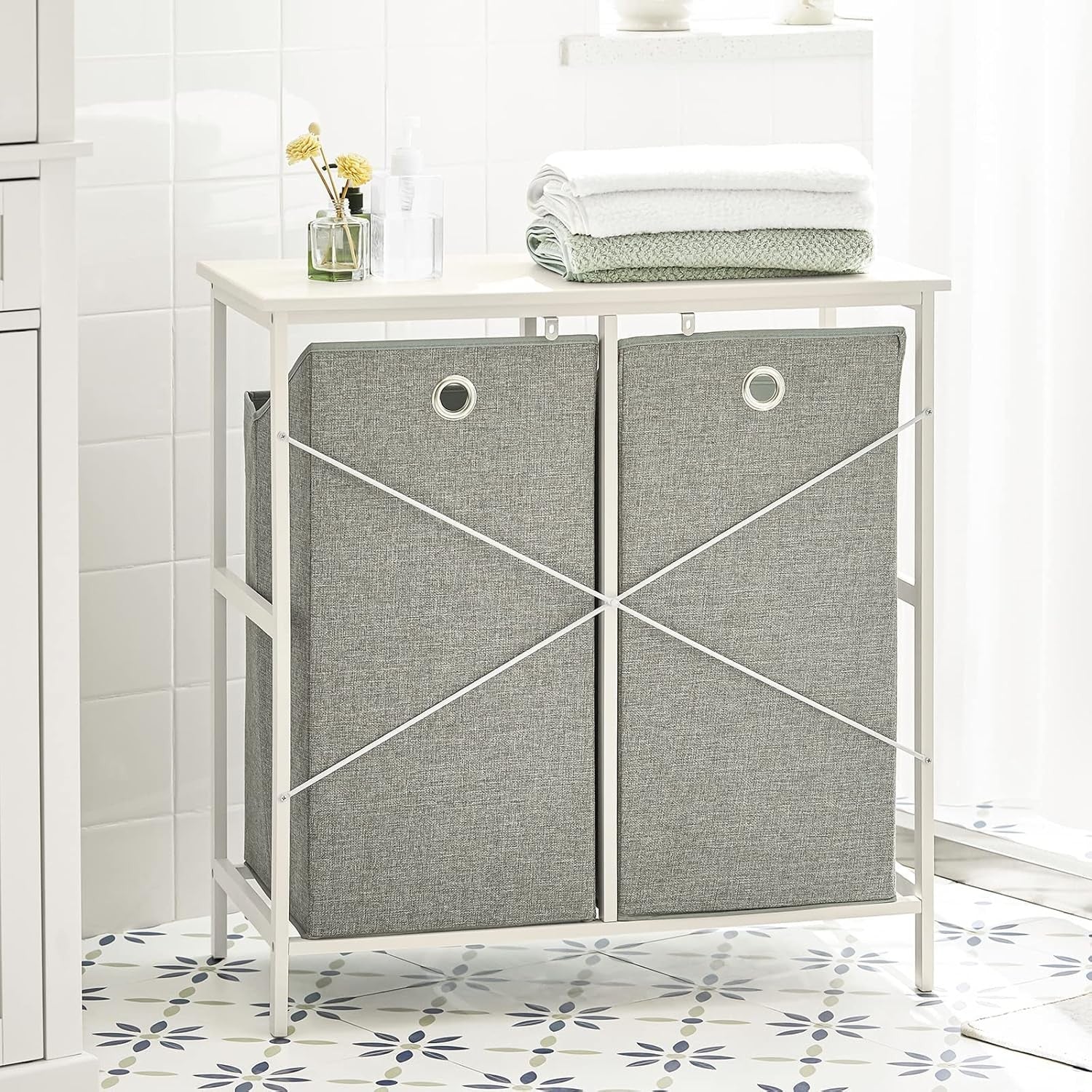 Slim Bathroom Laundry Cabinet with 2 Foldable Baskets Storage Unit Organizer