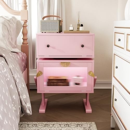 Kids Nightstand with LED Lights Pink Bedside Table Robot Design Storage