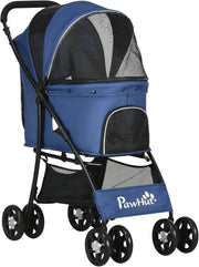 Blue Dog Stroller Pet Pushchair Foldable with Brakes Basket Small Pets
