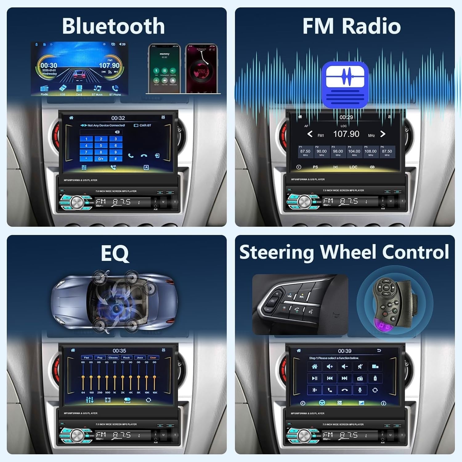 7" Single Din Car Stereo Wired CarPlay Android Auto Bluetooth FM