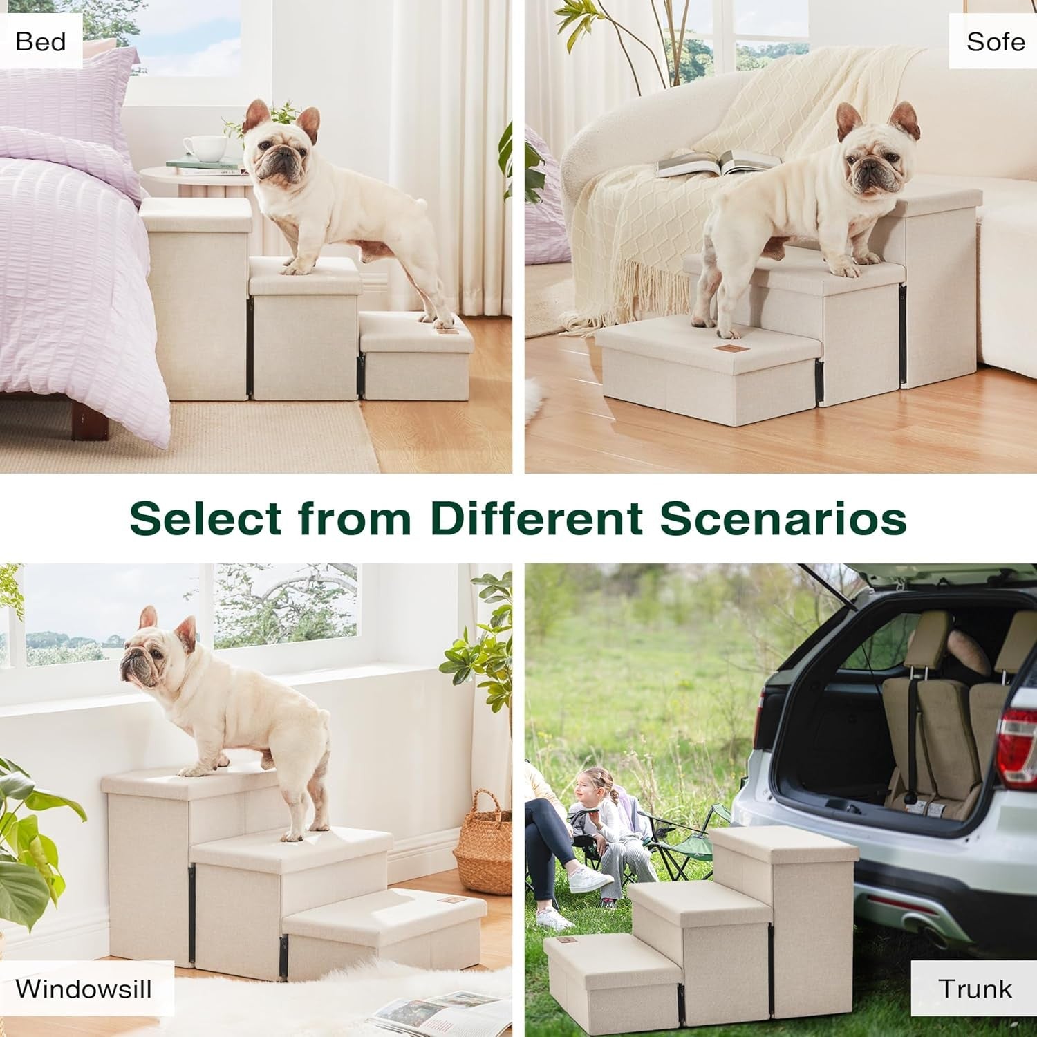 Dog Stairs 3 Step with Storage 18" High Foldable Pet Steps Beige