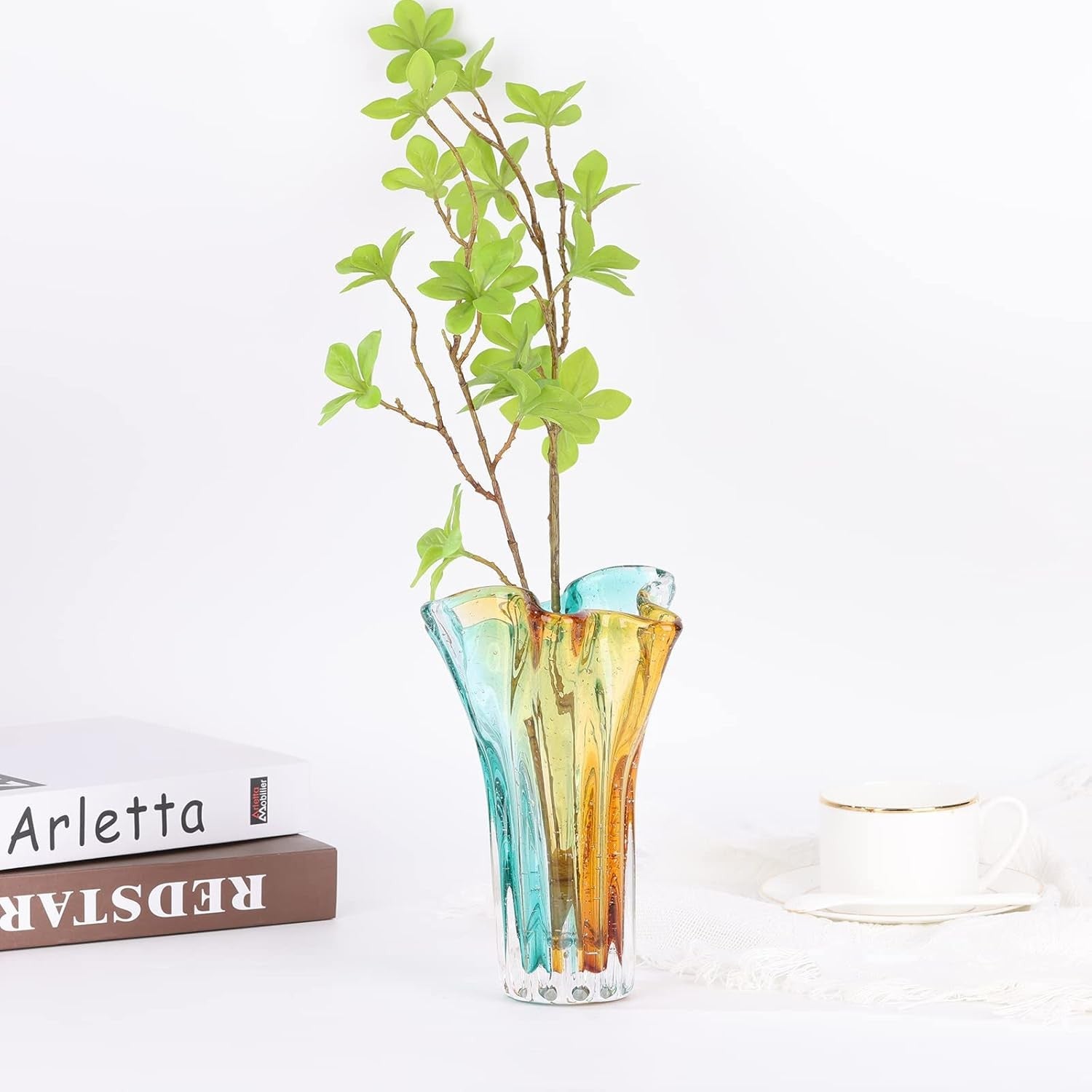 Hand Blown Wide Mouth Glass Vase Modern Art Petal Shape Table Decor