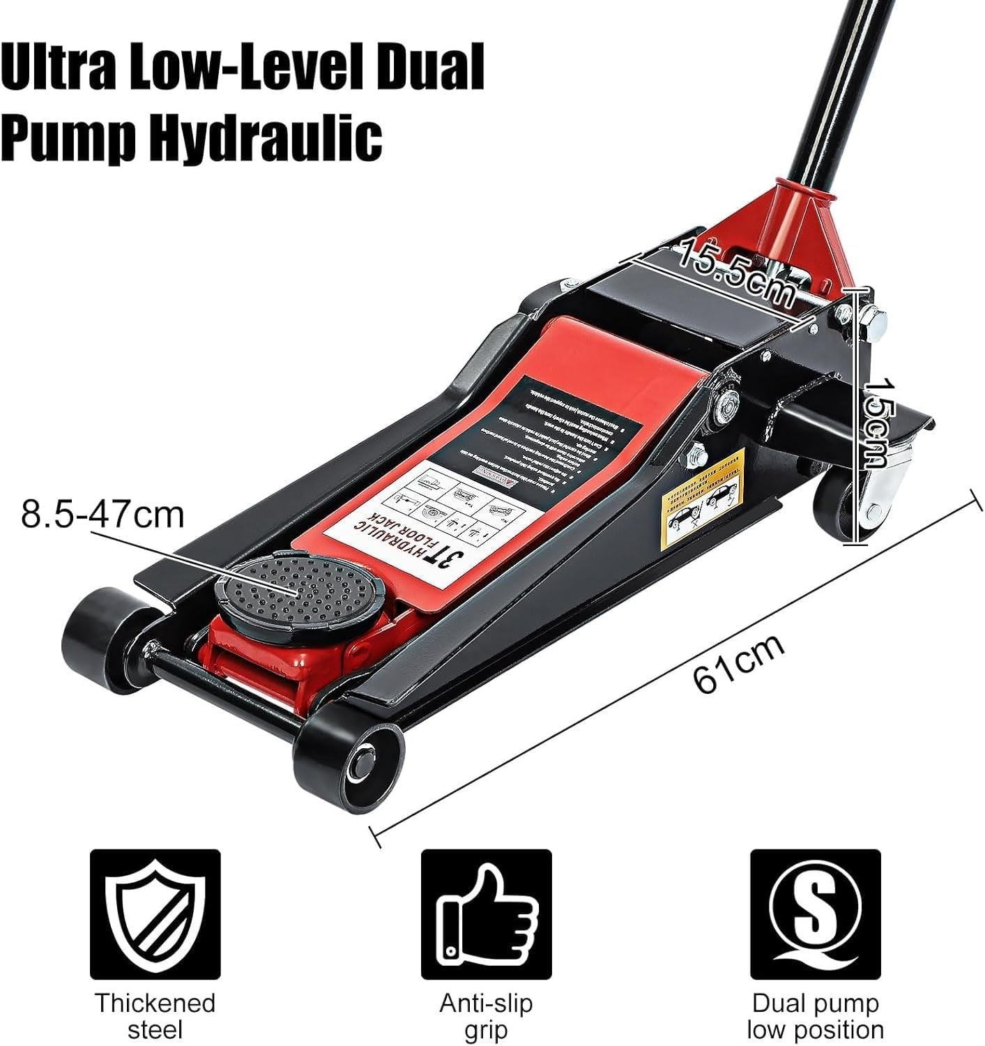 3 Ton Low Profile Trolley Jack Heavy Duty 85–470mm Dual Pump Fast Lift for Cars