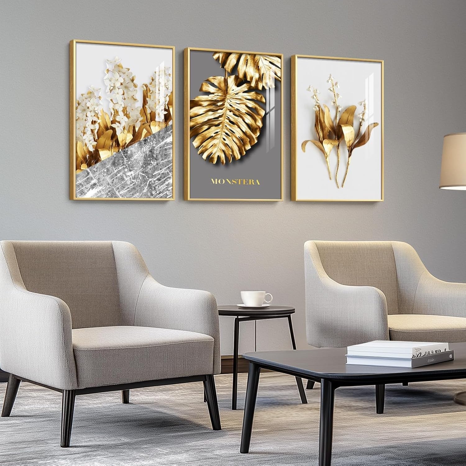 Large Gold Wall Art Set of 3 Framed 30x60 Luxury Leaf