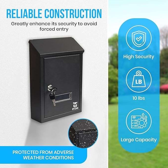 Secure Wall Mounted Mailbox Outdoor Letterbox Black Steel Lock Post Holder