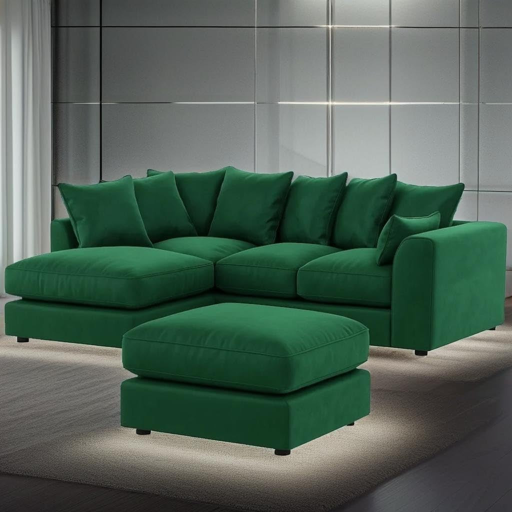 Green Velvet 4 Seater L Shape Corner Sofa with Footstool – Plush Memory Foam