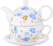 Tea for One Porcelain Teapot Cup Saucer Set Blue Orchid Floral Gift