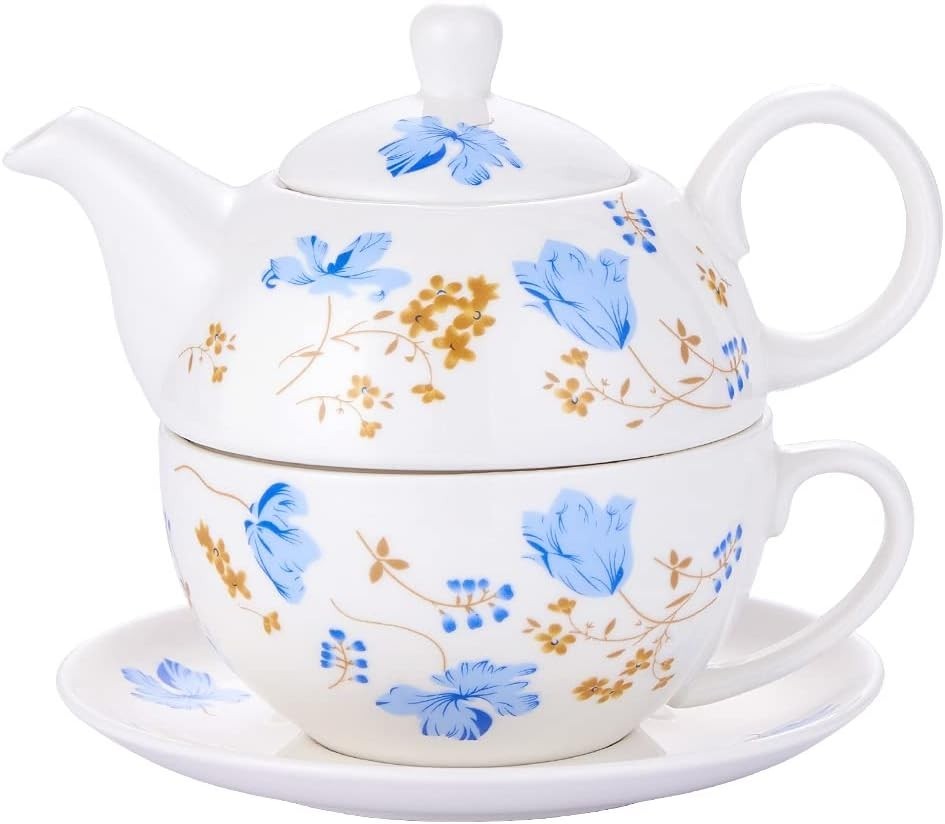 Tea for One Porcelain Teapot Cup Saucer Set Blue Orchid Floral Gift