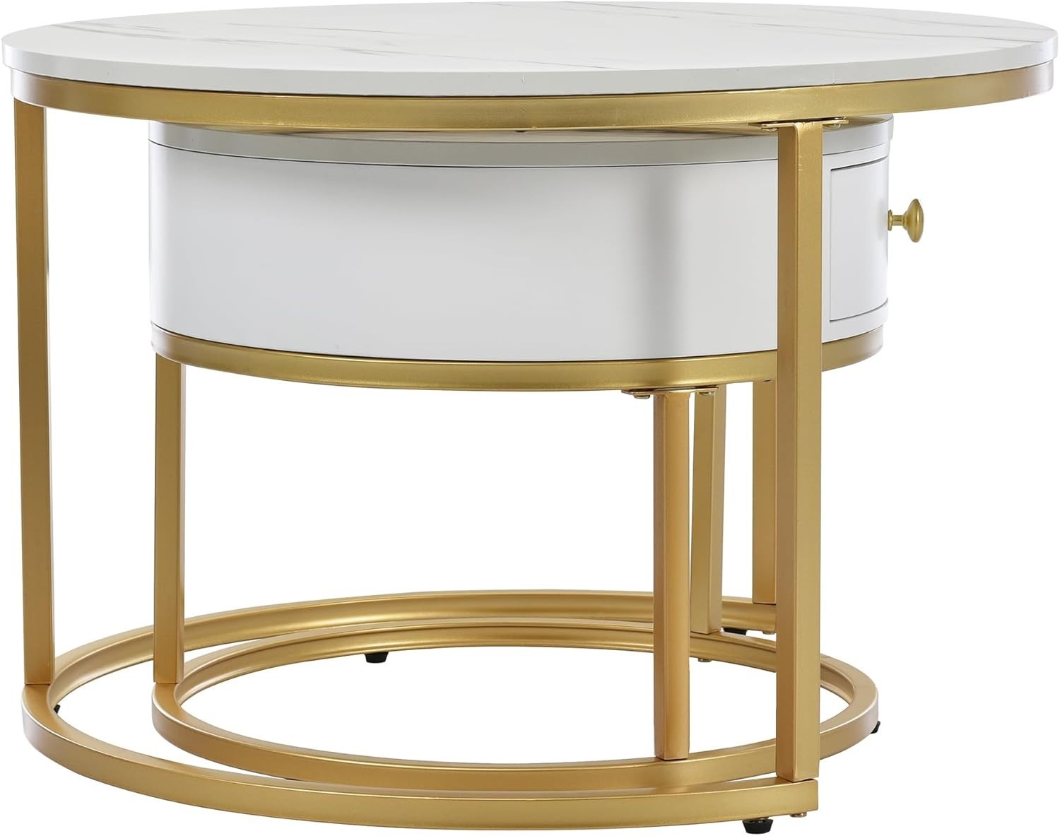 Nest Coffee Table Set 2Pc Round Faux Marble Gold Metal Frame Adjustable Storage