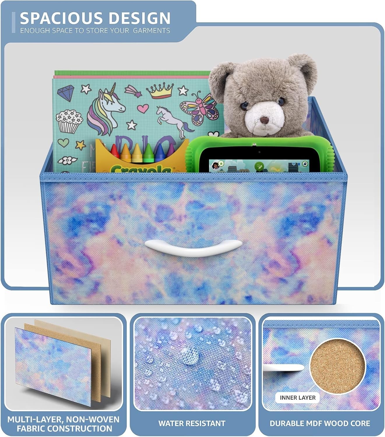 2x Kids 2-Drawer Nightstand Fabric Storage Chest Bedside Table Blue Tie-Dye