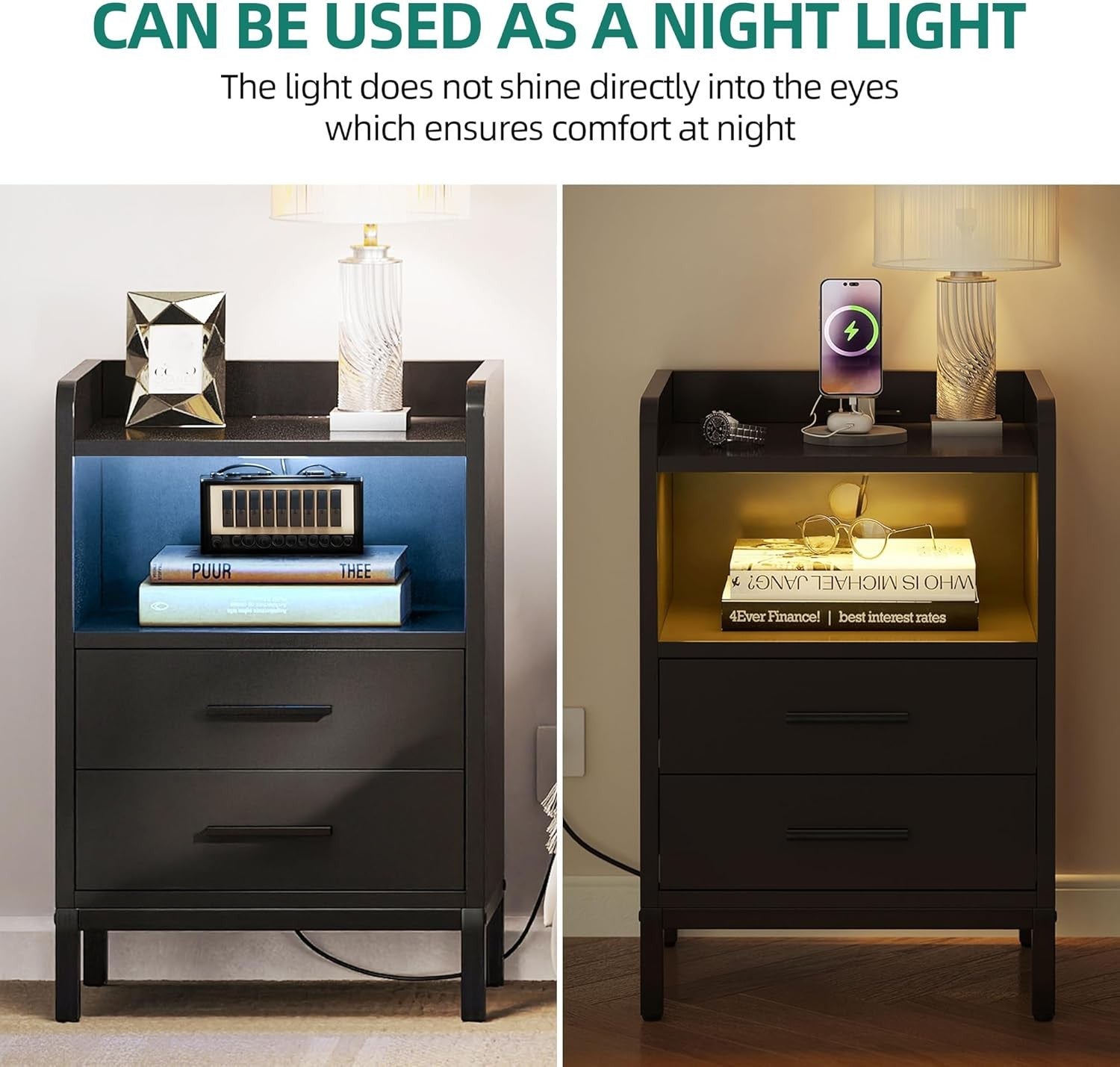Modern LED Bedside Table with Charging Station, 2 Drawers, Storage Shelf