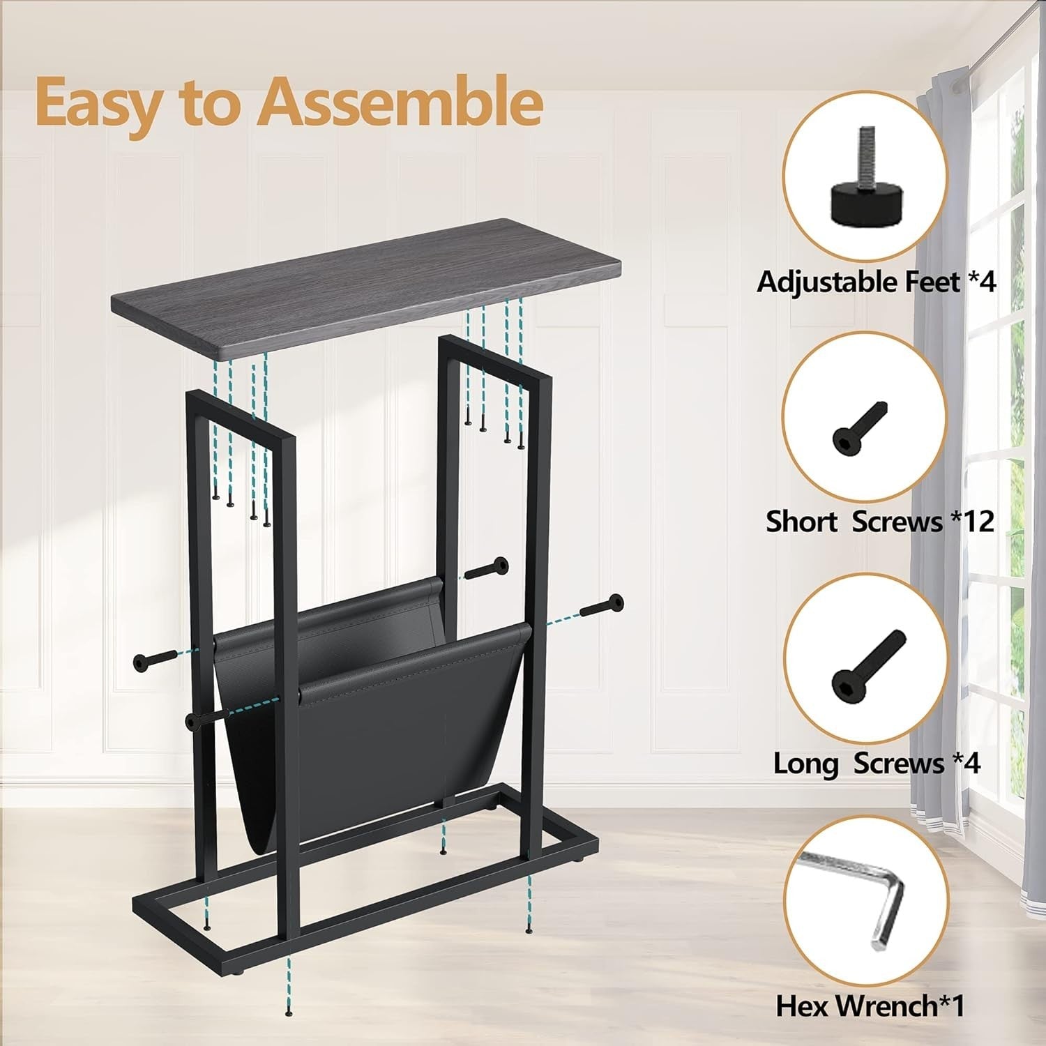Slim Grey Side Table with Storage Bag – Narrow End Table for Sofa/Bed