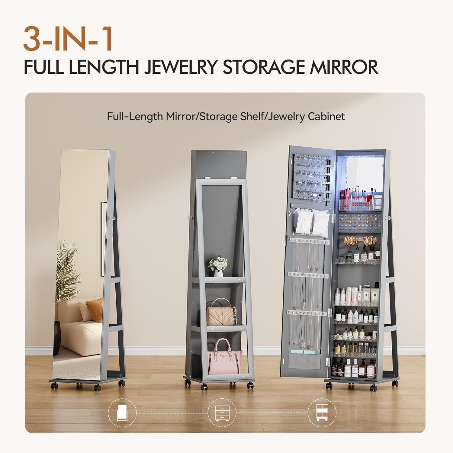 Gray 360° Swivel Jewellery Cabinet Lockable Full Length Mirror Storage