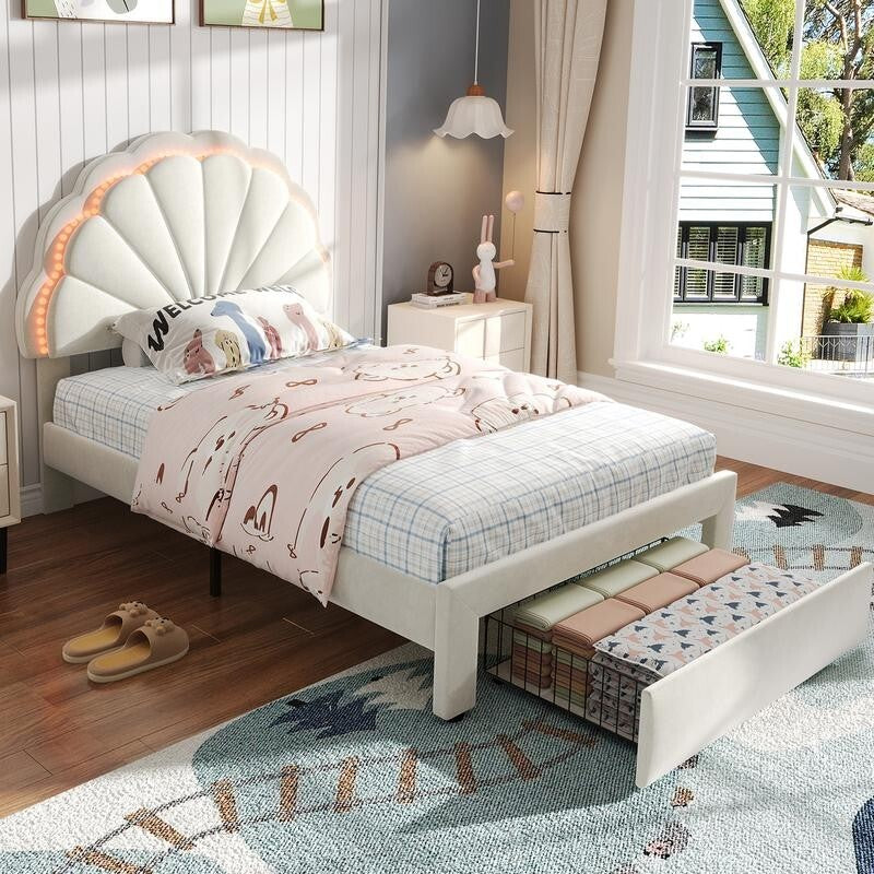 3FT Shell Single Bed with LED Lights & Drawer – Velvet Kids Teen Bed Beige