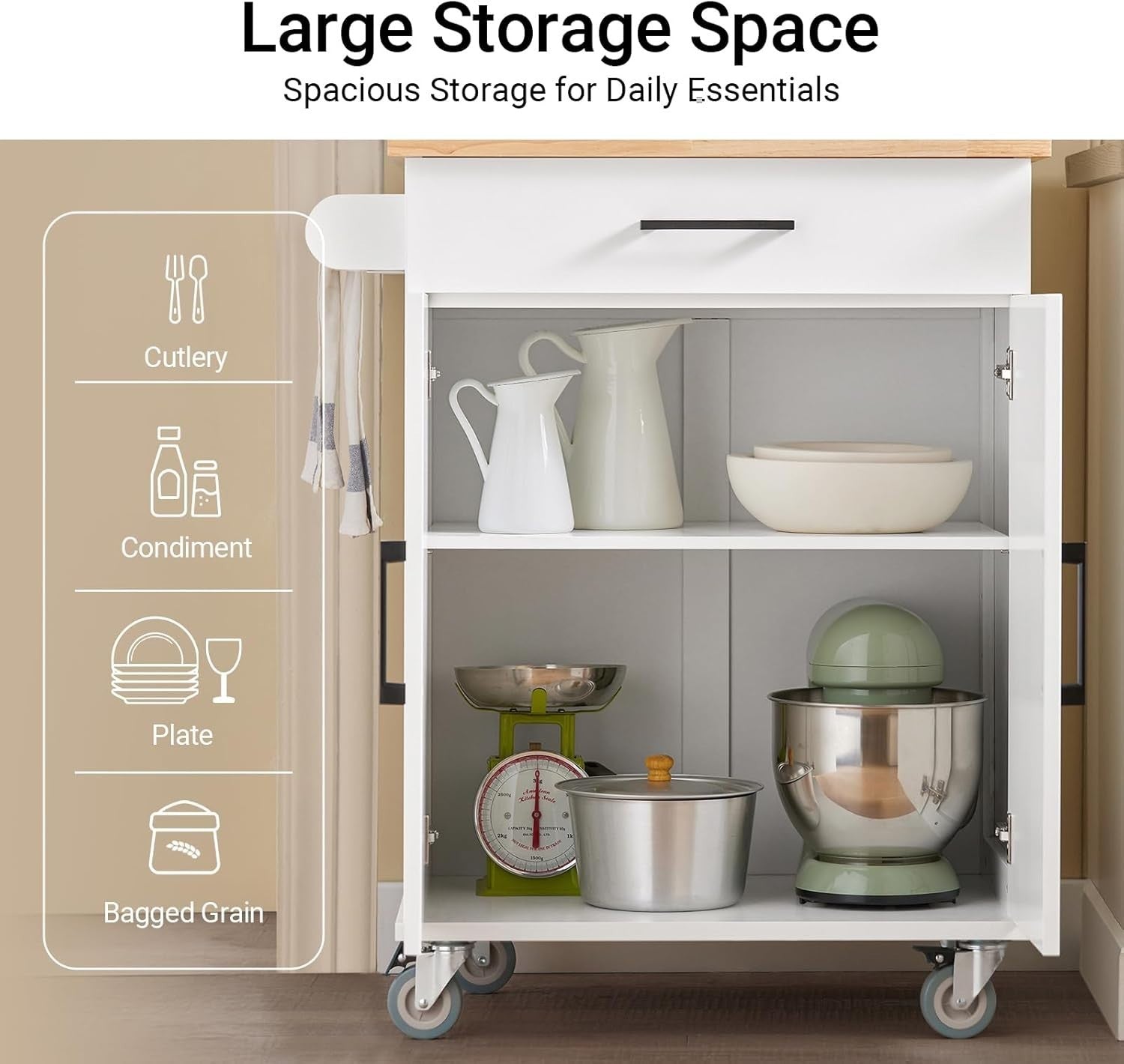 74.5x45.5x91cm White Kitchen Island Trolley Rubberwood Top