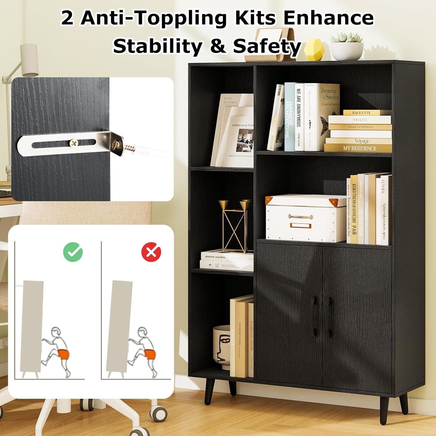 Modern Tall Storage Bookcase with Doors & Open Shelves – 80×23×119cm Black