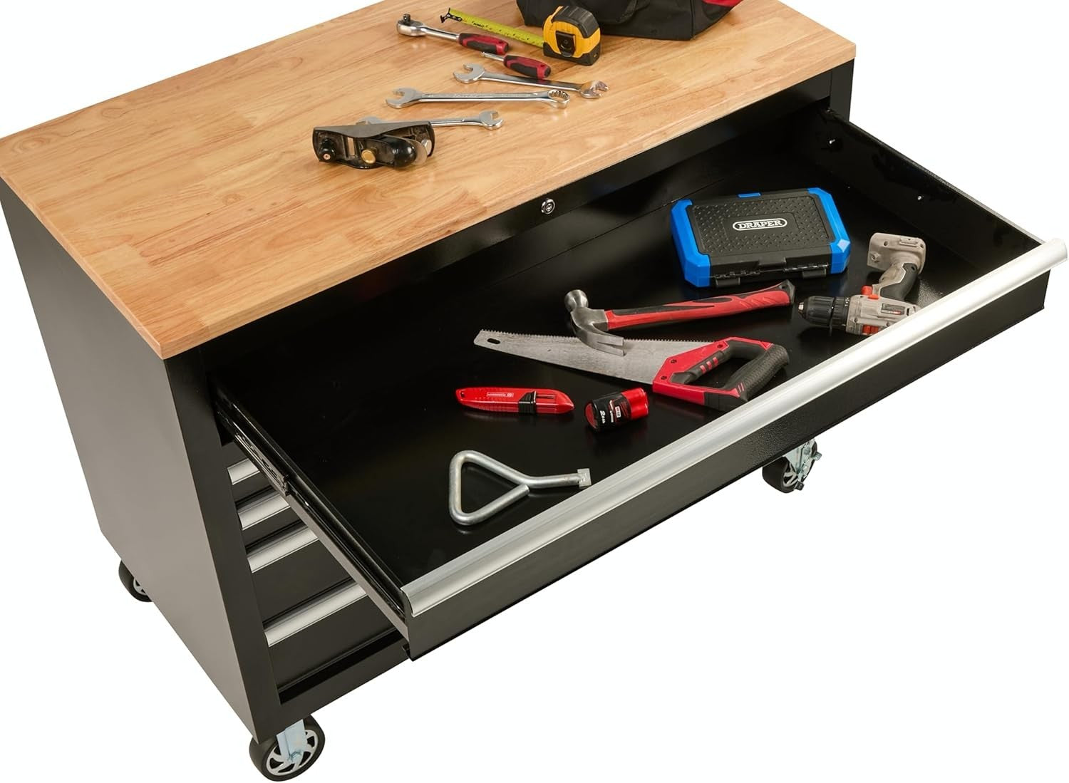 Mobile Rolling Workbench with 9 Drawers Solid Wood Top Locking Steel 1200mm