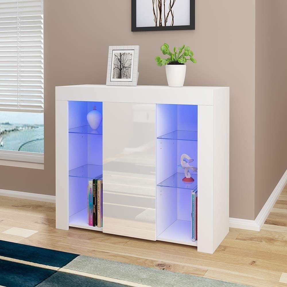 Modern LED Glass Shelf Sideboard Cabinet Storage Unit with RGB Light