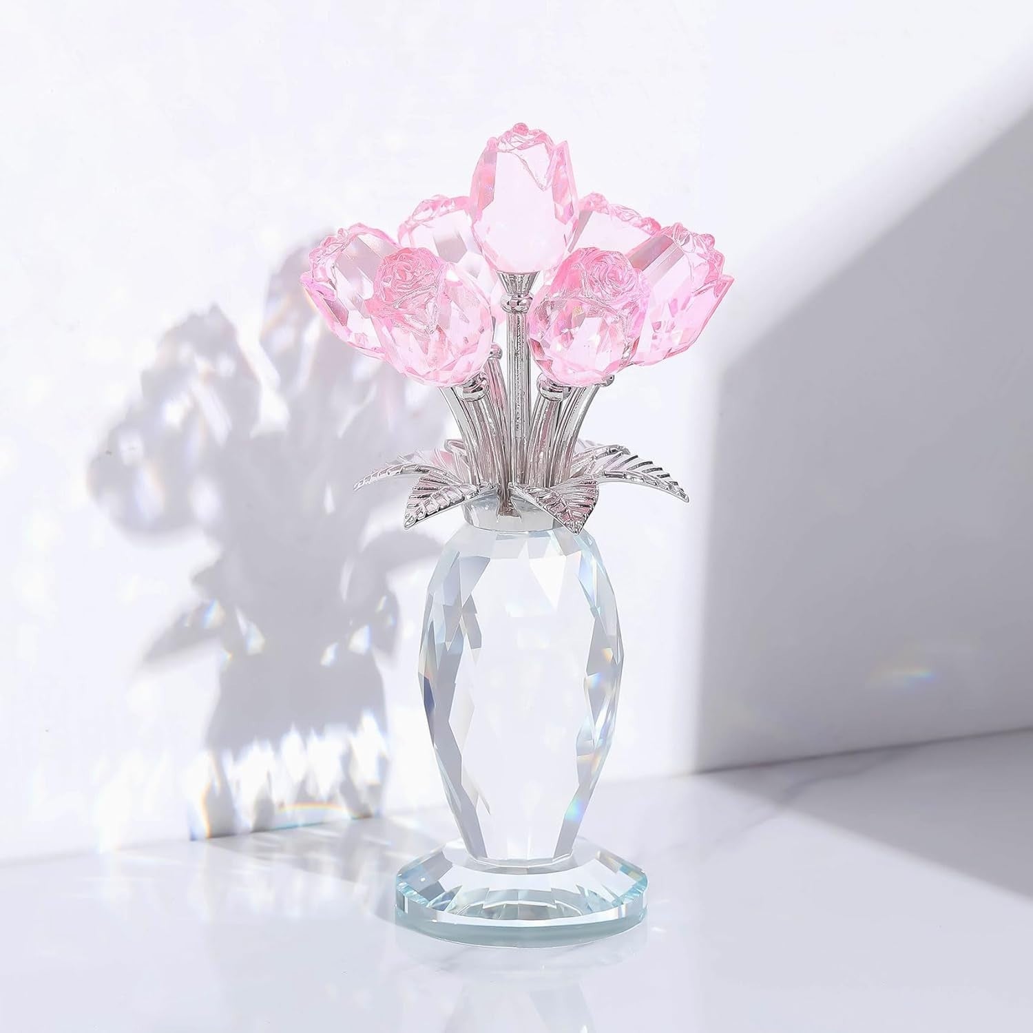 Pink Crystal Rose Bouquet Ornament Glass Flower Figurine Gift for Mum Wife Decor
