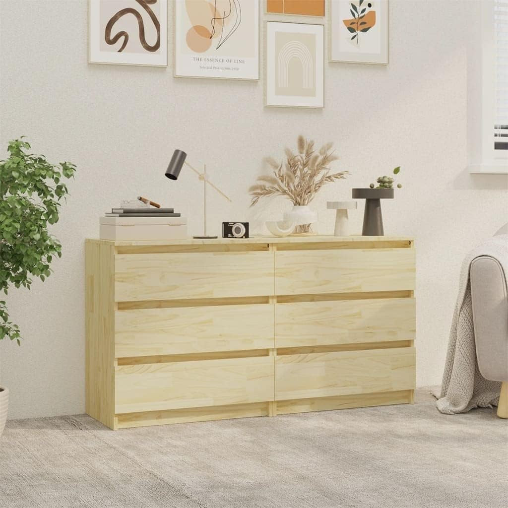 Set of 2 Solid Pine Bedside Tables with 3 Drawers | Natural Wood Nightstands
