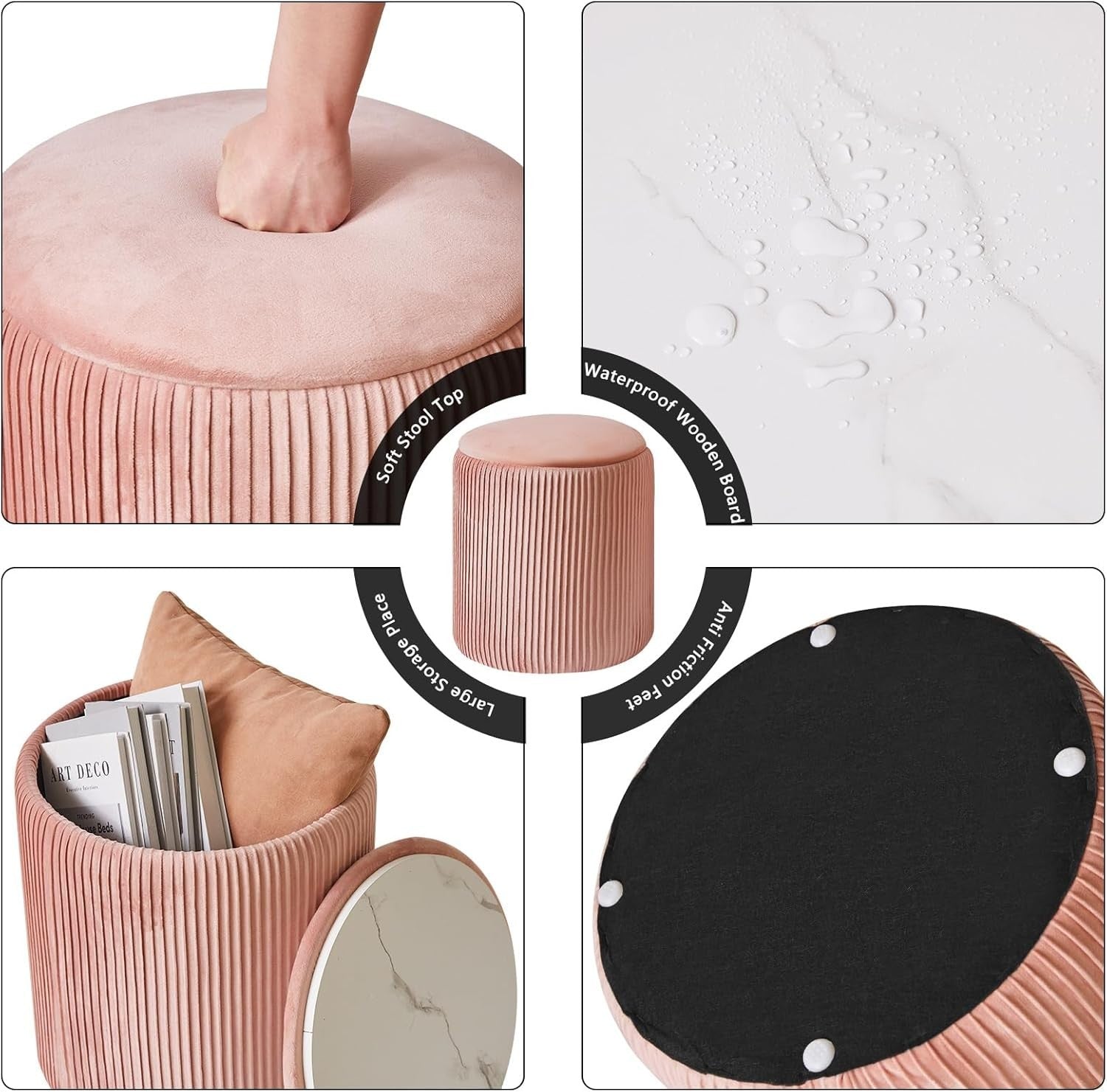 Set of 2 Pink Round Storage Ottomans – Velvet Vanity Stools & Side Tables