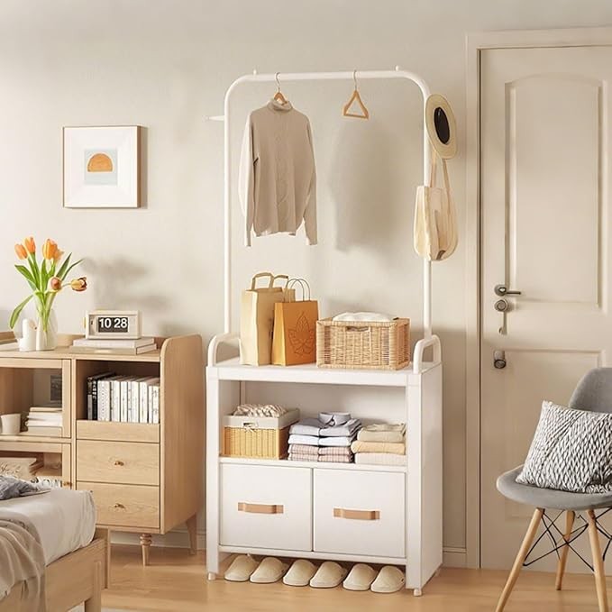 White Freestanding Wardrobe with Drawers & Hooks – Elegant Bedroom Storage Unit