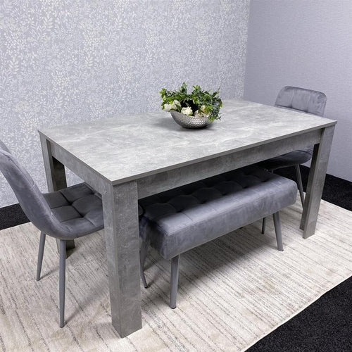 Grey Dining Table Set with Benches & Velvet Chairs - Modern MDF 4 Seater