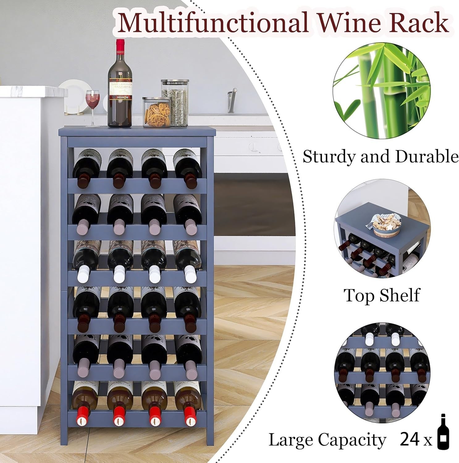 6 Tier 24 Bottle Wine Rack Bamboo Freestanding Storage Shelf Grey Kitchen Bar