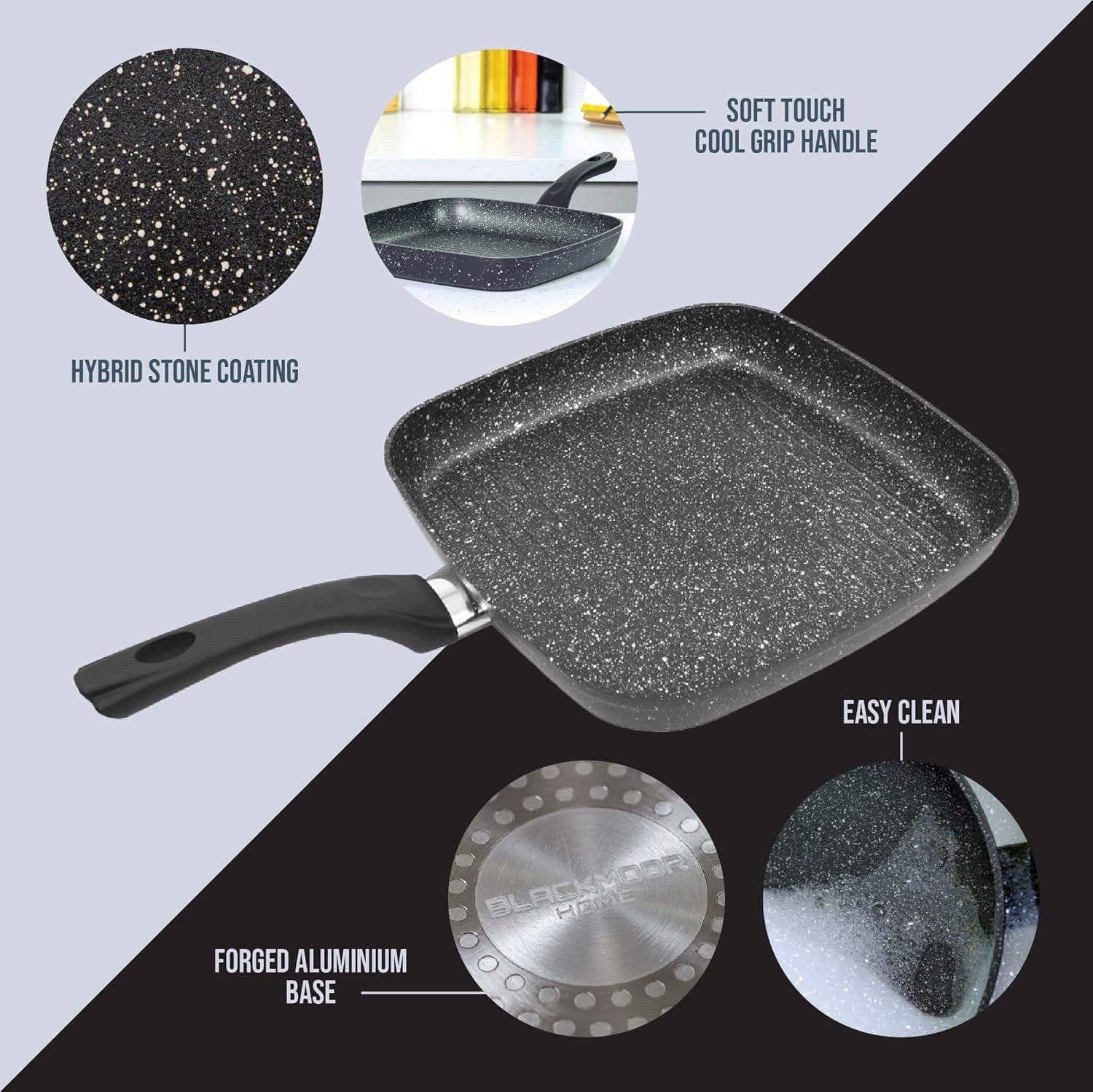 28cm Black Marble Non-Stick Griddle Pan Induction Safe with Cool Touch Handle