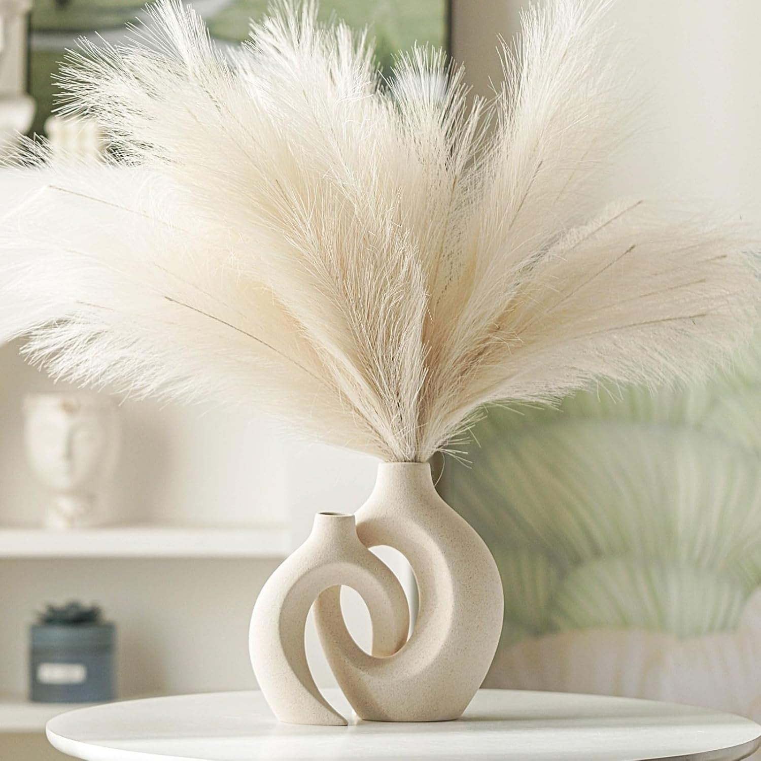 Ceramic Vase Set of 2 Nordic Boho Hollow Modern Flower Decor Cream White