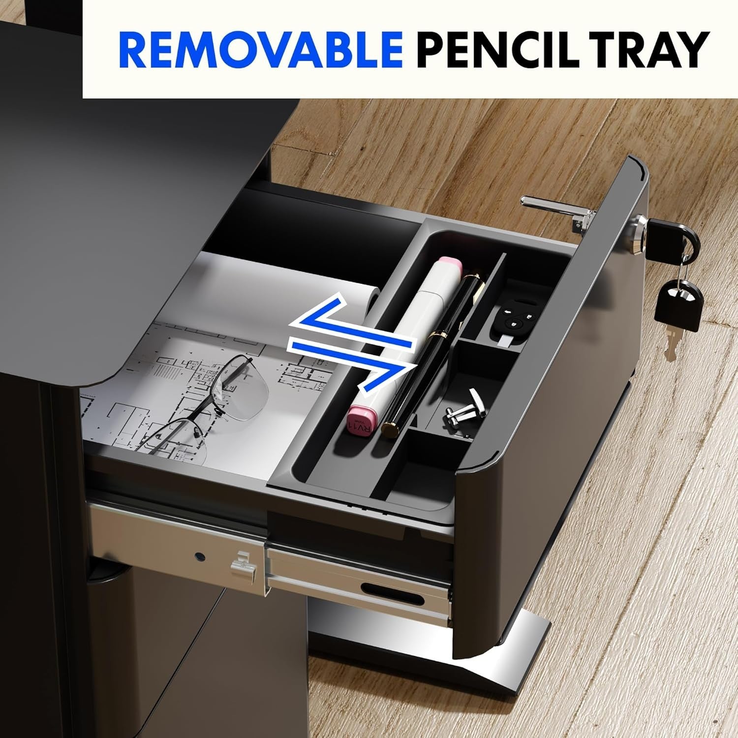 Lockable Mobile Filing Cabinet 3 Drawer A4 Steel Under Desk