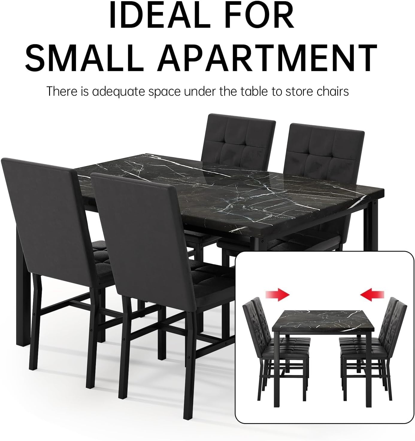 Black Marble Dining Table Set with 4 Leather Chairs Modern 120cm Kitchen