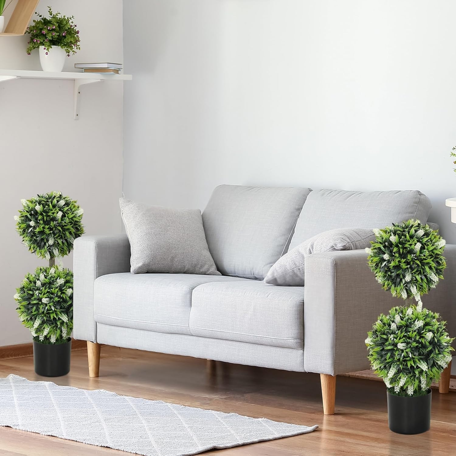 2 Set 70cm Artificial Lavender Topiary Ball Trees White Flower Set in Pots Decor