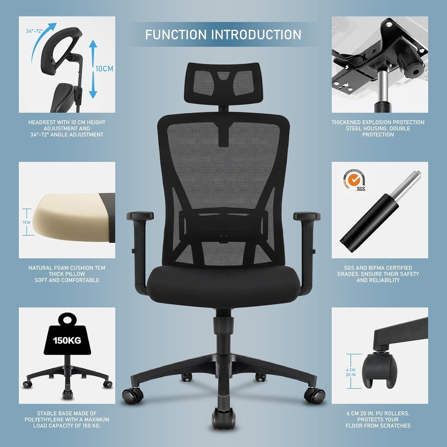 Ergonomic Office Chair Mesh Back Headrest Lumbar Support Swivel Desk Seat (65 ch