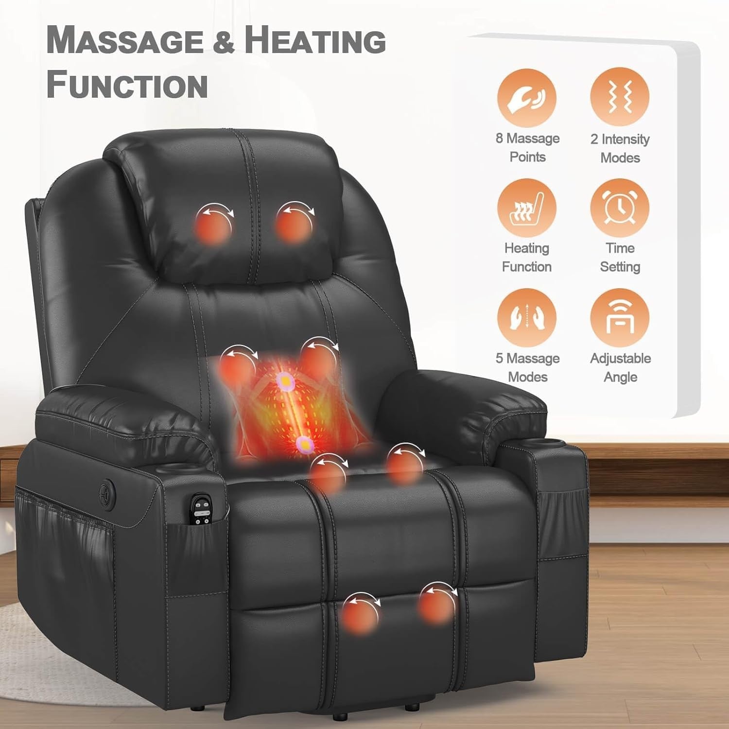 Power Lift Recliner Chair Massage Heat USB Type-C Cup Holders Faux Leather Black