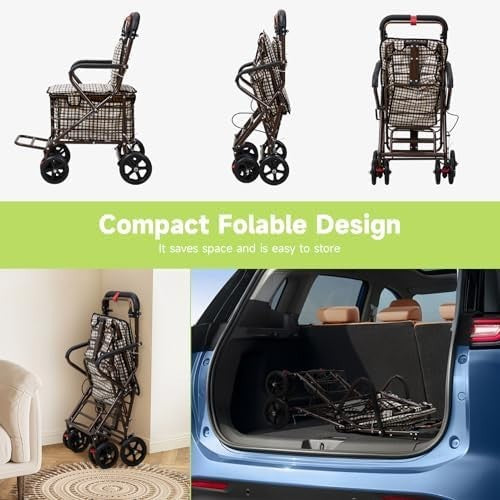 Walk & Rest Shopping Trolley with Seat 27L Foldable 4 Wheel Brakes