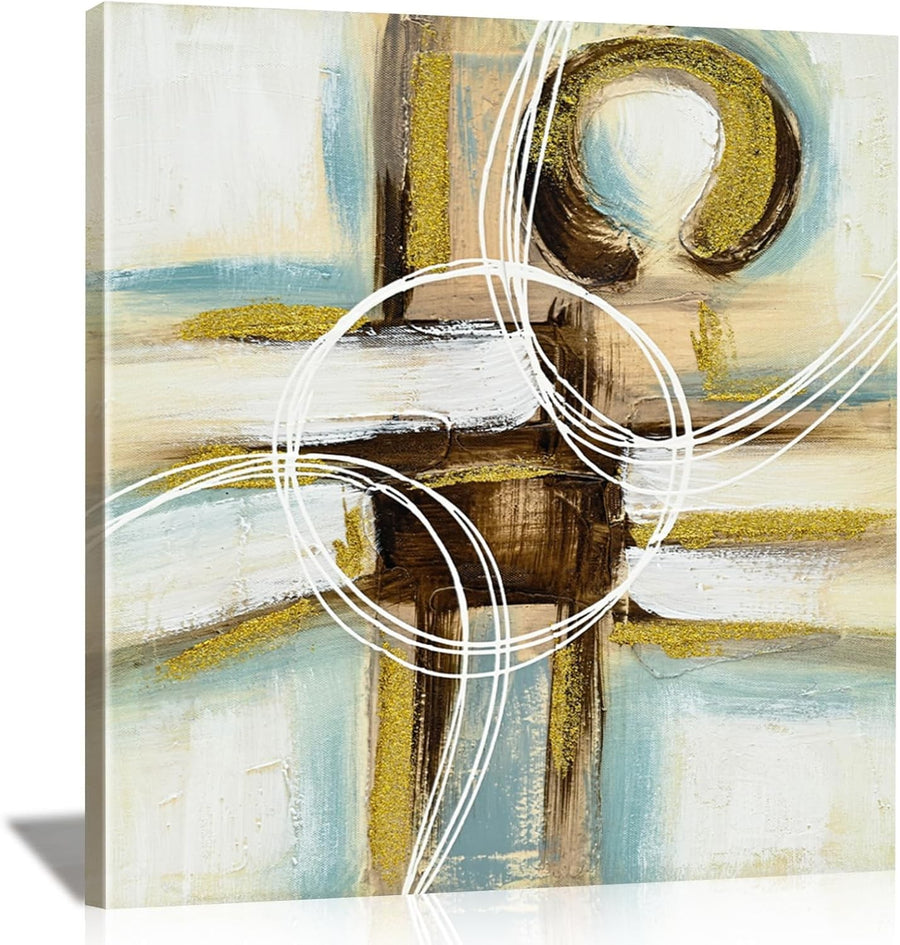 Modern Gold Blue & White Framed Abstract Canvas Wall Art Decor